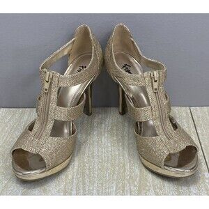 Fioni Stiletto Heels Women's Size 6.5 Zip-up Front Gold Sparkle Open Toe 4" Heel